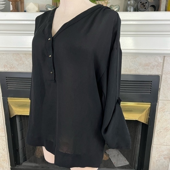 Zara Basic Black Semi Sheer Blouse with Mini Gold Peg Buttons - Picture 3 of 14